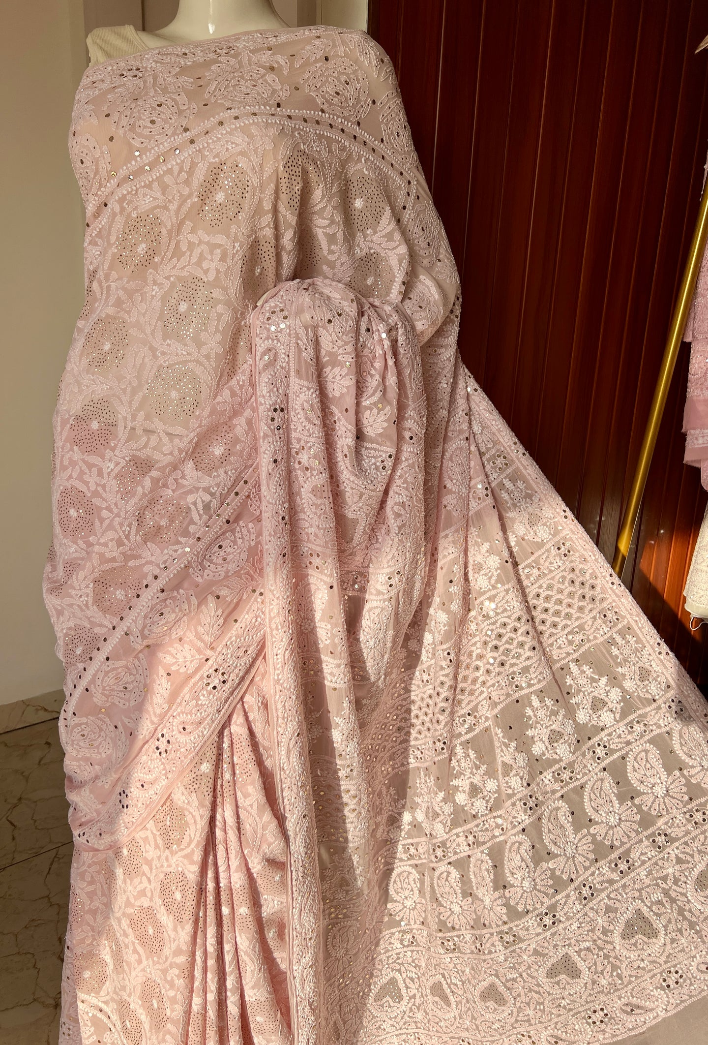 Ruhani Dusty Pink Allover Designer Chikankari and Mukaish Saree
